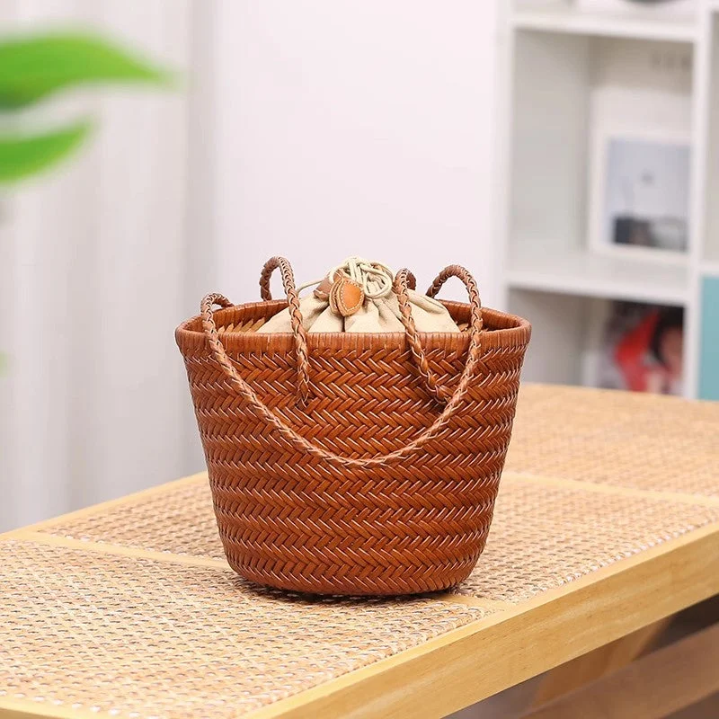Sophisticated Fashion Boho Womens Leather Woven Bucket Shoulder Bag With Drawstring Inner Pouch Brown Shoulder Bag Sophisticated Fashion Boho Womens Leather Woven Bucket Shoulder Bag With Drawstring Inner Pouch Brown Shoulder Bag