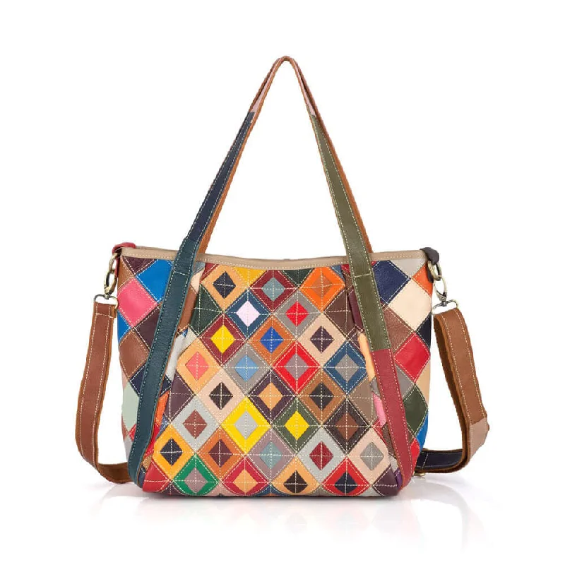 Bold Fashionistas Versatile Leather Tote Bag with Colorful Patchwork – Handheld, Shoulder & Crossbody Bold Fashionistas Versatile Leather Tote Bag with Colorful Patchwork – Handheld, Shoulder & Crossbody