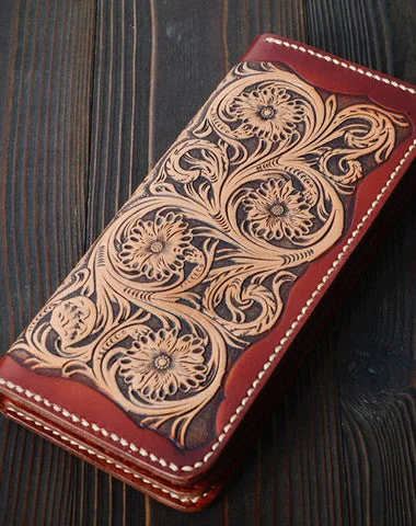 Sporty Bags For Active And Athletic Lifestyles Handmade vintage black brown floral leather long wallet purse clutch for men Sporty Bags For Active And Athletic Lifestyles Handmade vintage black brown floral leather long wallet purse clutch for men