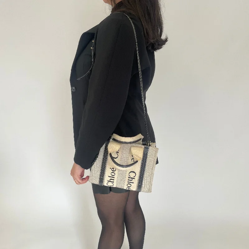 Holiday Gift Bags For Christmas Chloe White and Blue Linen and Calfskin Small Woody Tote Bag Holiday Gift Bags For Christmas Chloe White and Blue Linen and Calfskin Small Woody Tote Bag